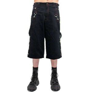 Men's Metal Eyelet Studded Chains Zips Red Stitching Baggy Skater Shorts Emo